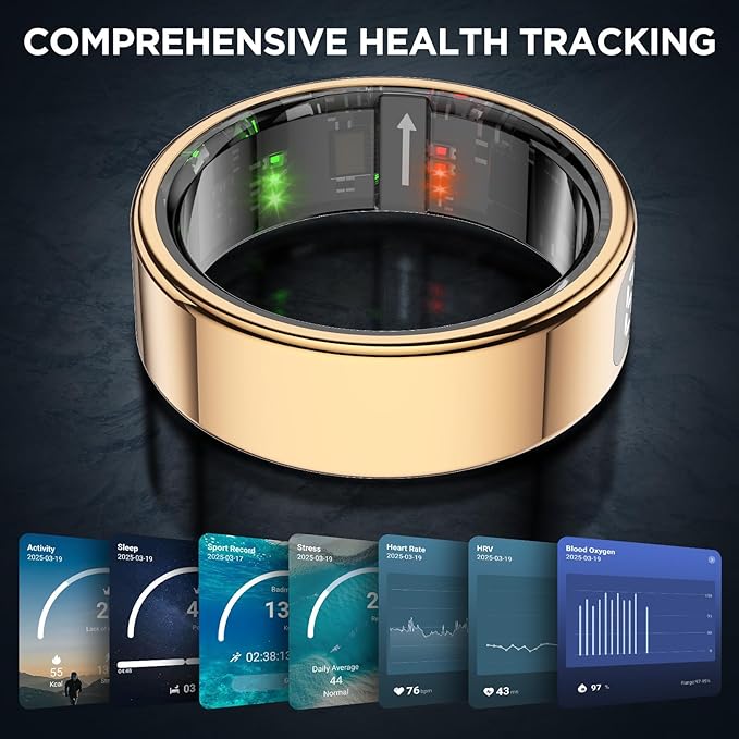 Smart Ring for Women with Display Screen, Sleep Ring for Men with Heart Rate, Fitness Tracker/Step tracker for Activity Monitoring/Steps/Calories,Wireless Charging, for iOS Android (RoseGold,11#)