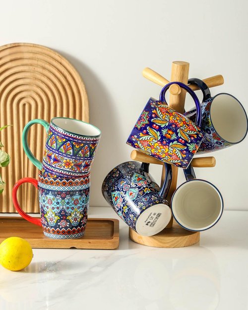 glowworm Coffee Mugs Set of 6, 16 oz Ceramic Coffee Mug with Handle, Large Coffee Cups for Latte, Cappuccino, Milk Dishwasher & Microwave Safe, Bohemian