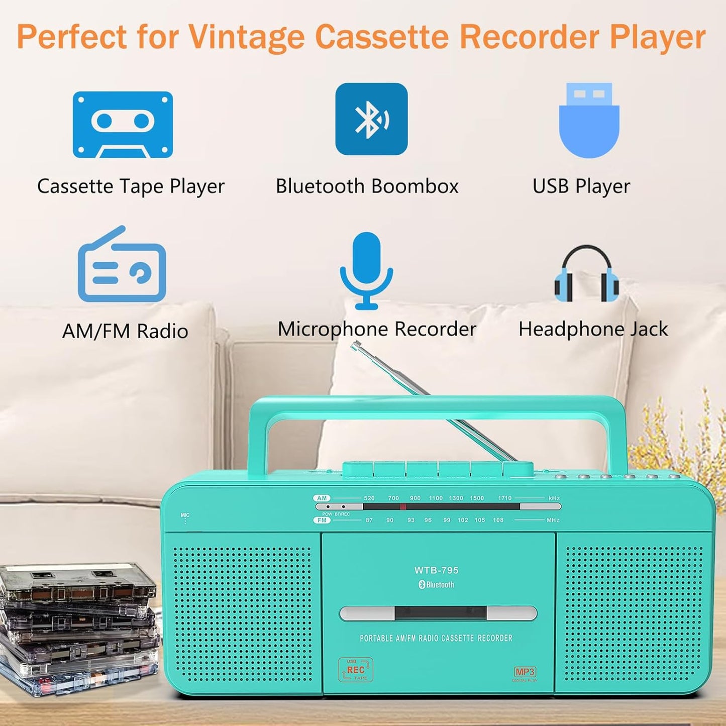 WISCENT Cassette Playback/Recording,Cassette MP3 Portable Retro Stylish Player Recorder Boombox
