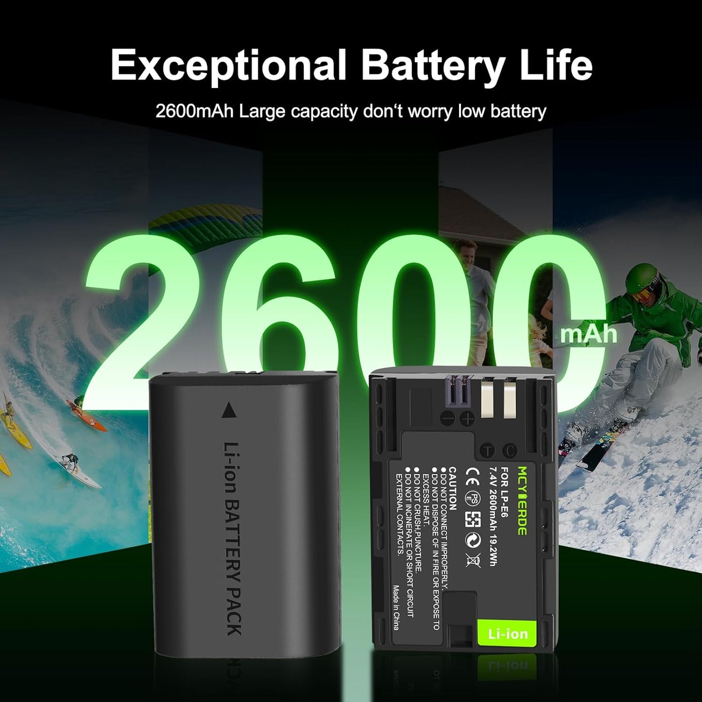 MCYIERDE 2-Pack LP-E6 LP-E6N 60D 70D 80D 90D 5D 5DS 6D R5 C700 XC10 XC15 Replacement Batteries Compatible with Canon