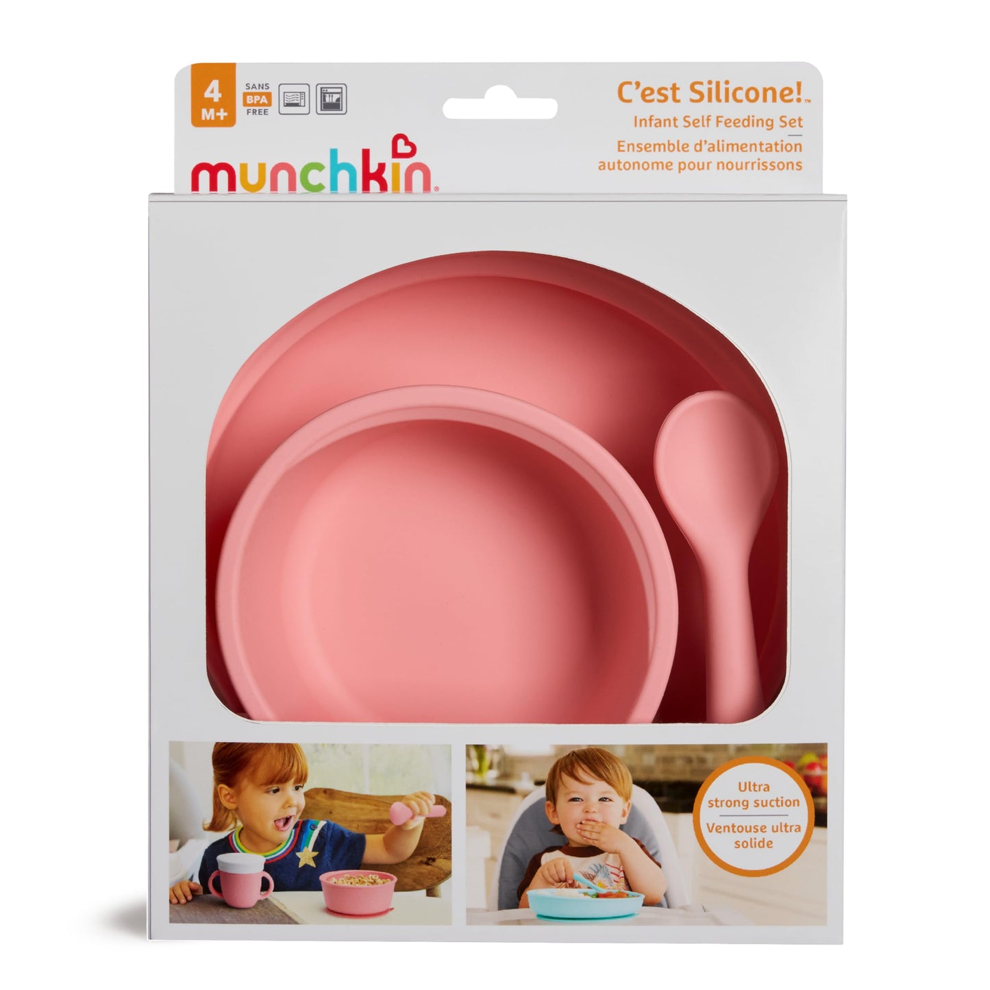 Munchkin Silicone Baby Feeding Set, Toddler Suction Bowl, Plate and Spoon, Baby Led Weaning and Infant Self Feeding, C’est Silicone! Mealtime Set, 4 Months and Up, BPA Free, Coral