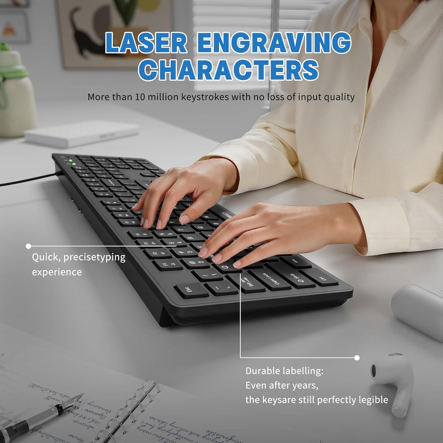 MIKUSO Fade-Proof Lettering Wired Keyboard Full Size - USB Office Keyboard with not Fading Keys,Silicone Anti Slip