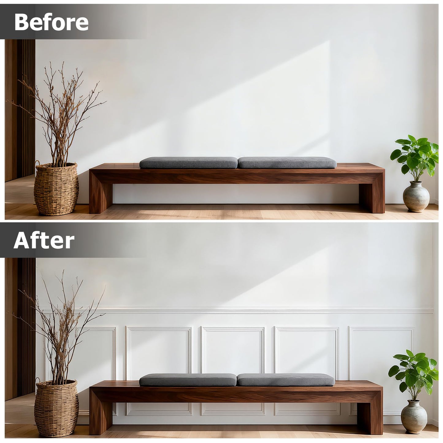 Peel and Stick Wainscoting Panels, 3 Set 20"x27" Wall Molding + 2pcs Chair Rail Trim, Pre-Cut Self Adhesive Premade Molding Panel for Bathroom Hallway Door Nursery Wall, Ready to Assemble