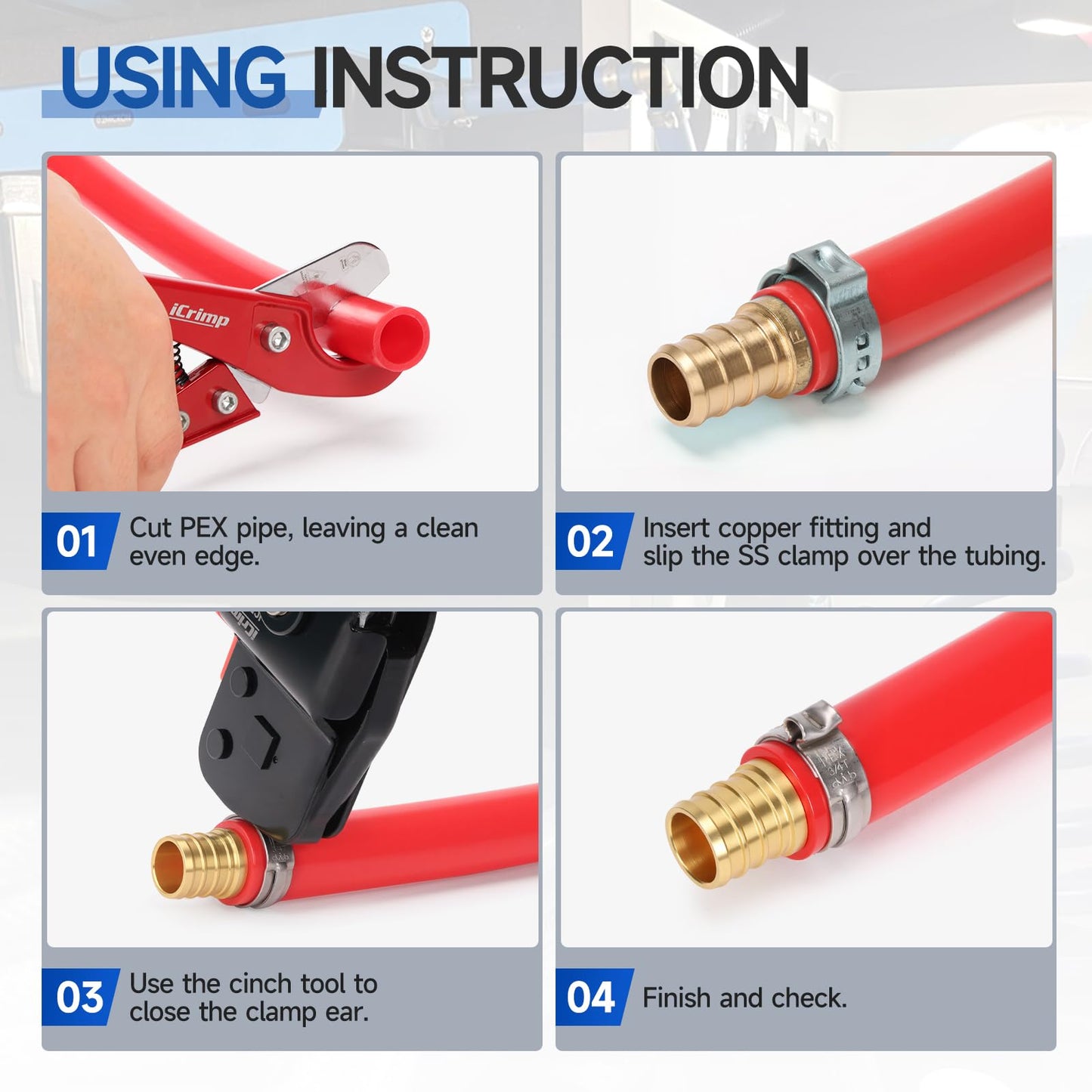 iCrimp One-Hand Crimping Tool Meets ASTM F2098, PEX Clamp Cinch Tool Kit with 20PCS 1/2-in, 10PCS 3/4-in PEX Clamps and Pipe Cutter- All in One