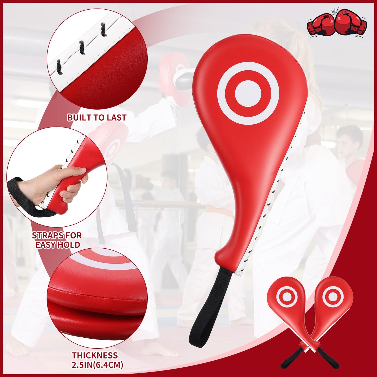 Poen 7 in 1 Taekwondo Kick Pad Boxing Training Equipment Punching Mitts Martial Arts Wrist Band Adjustable Soft Pads Set for Karate Muay Thai MMA Training (Red,Circle)