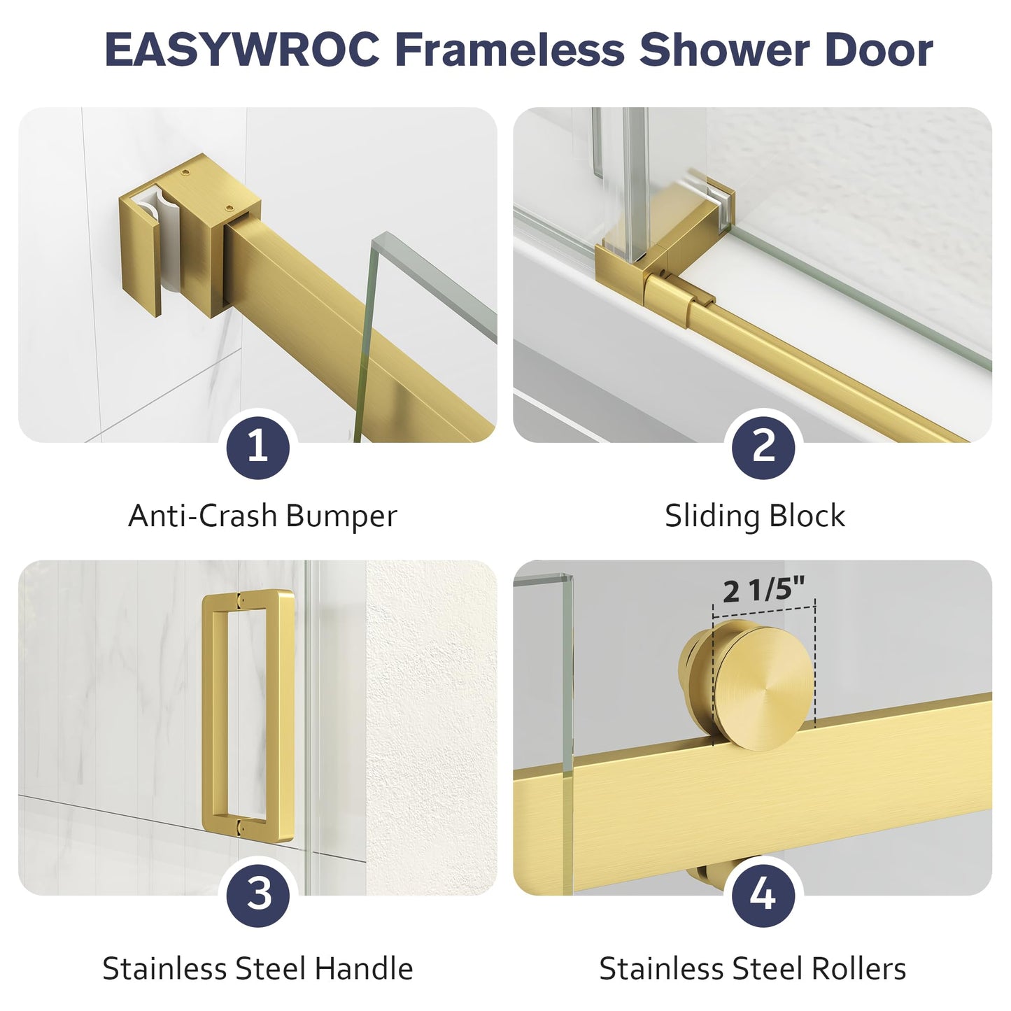 EASYWORC Frameless Shower Door, 43-48" W x 76" H Sliding Glass Shower Door, 1/4''(6mm SGCC Tempered Glass with Explosion-Proof Film Nano Coating in Brushed Gold Finish