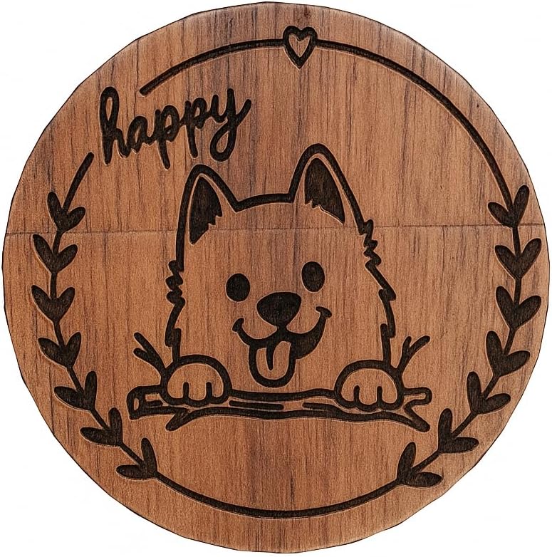 LONMAIX 16GB Round Walnut Wood USB Flash Drive - Laser-Engraved Cute Dog Design, Gift & Party Favor