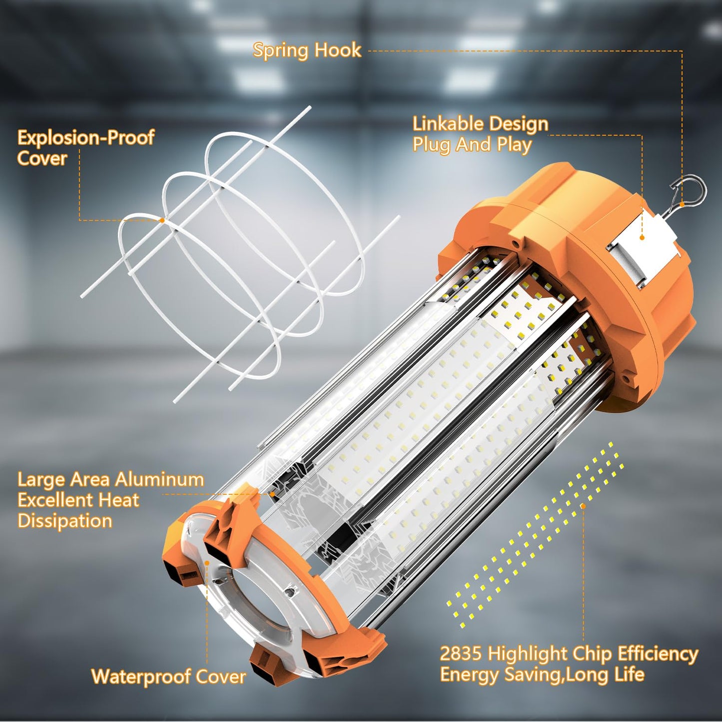 250W LED Temporary Work Light 37500Lm 5000K Construction Lights Led Work Light IP65 Dust Waterproof Portable Lights with Stainless Steel Guard Hook for Mine Wharf Job Site Garage Factory Lighting