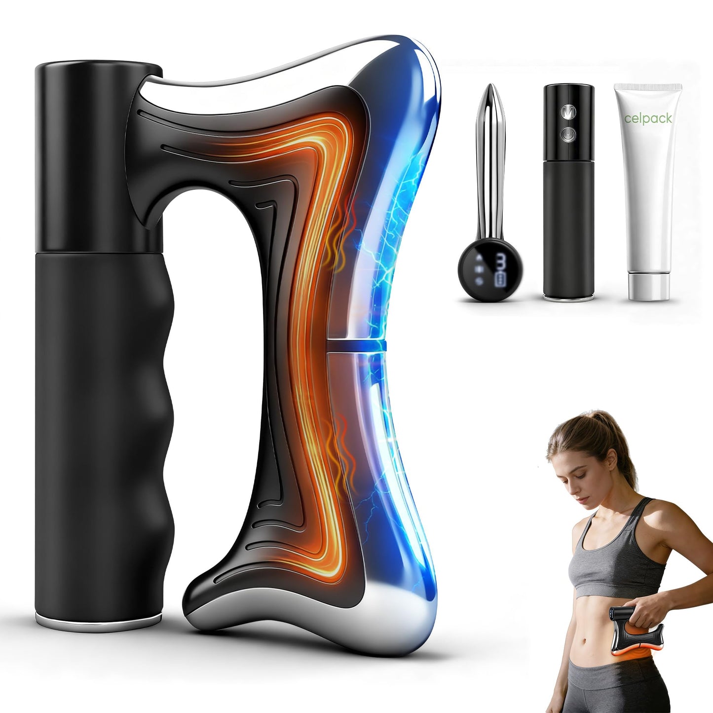 Heated Muscle Scraper Tool with Pulse, Vibration & Heat, Muscle Scraper Tool for Deep Tissue Myofascial Release, Gua Sha Massage Tool for Muscle Pain Relief & Full Body Relaxation (Black)