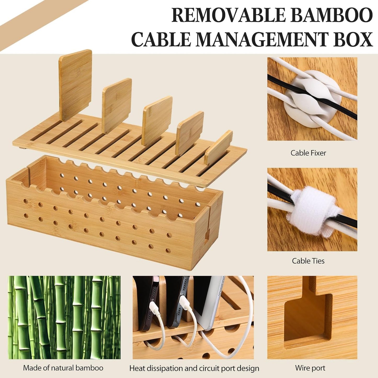Burbell 10 Bamboo Charging Station for Multiple Devices, Cell Phone Docking Charging Station Organizer and Cord