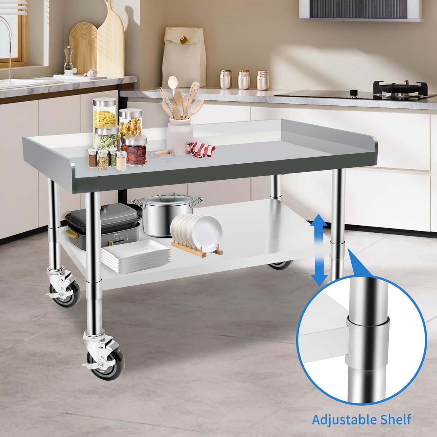 Hutioai Stainless Steel Worktable with Under Shelf & 360° Lockable Casters - Practical for Commercial Kitchens & Workshops (30 * 36 * 26in)