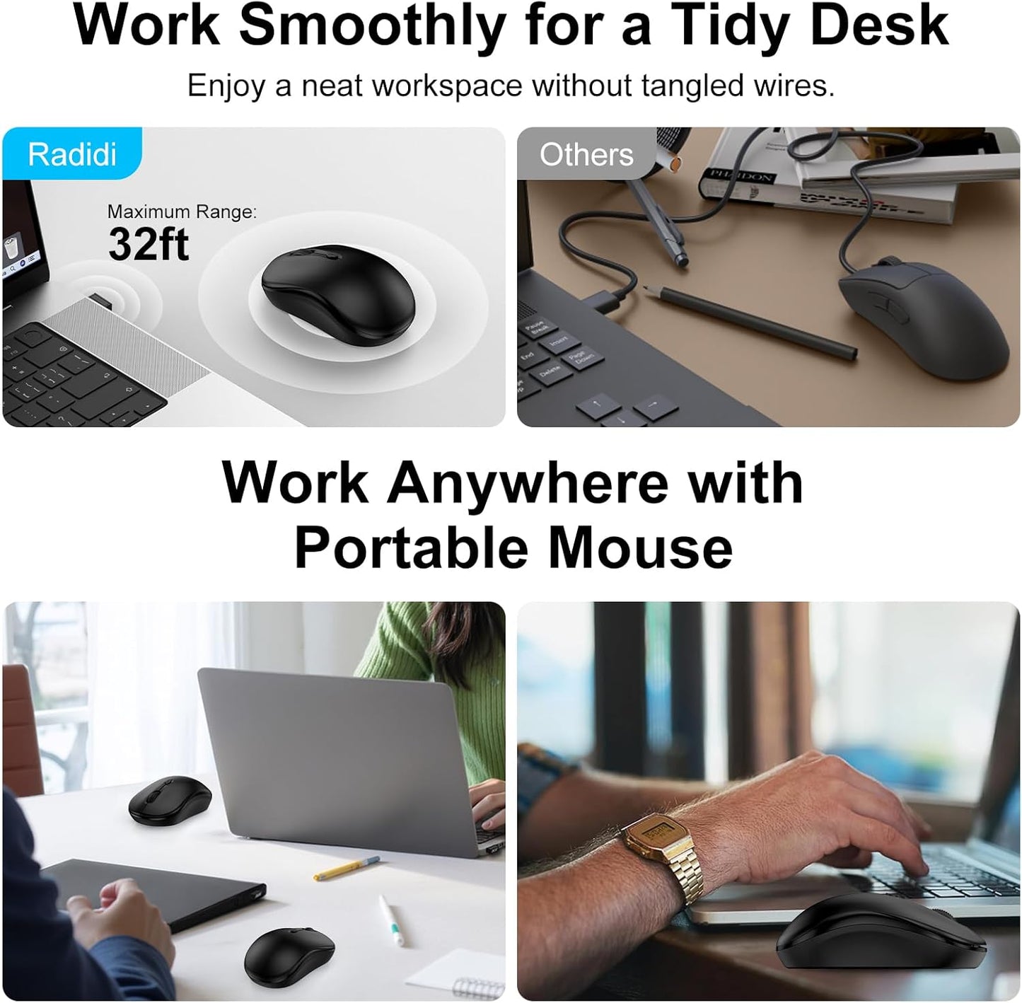 Radidi 2.4GHz 12-Month 3 800/ 1200/ 1600, Wireless Mouse for Laptop, Computer Mouse for Work, Battery Life, Adjustable
