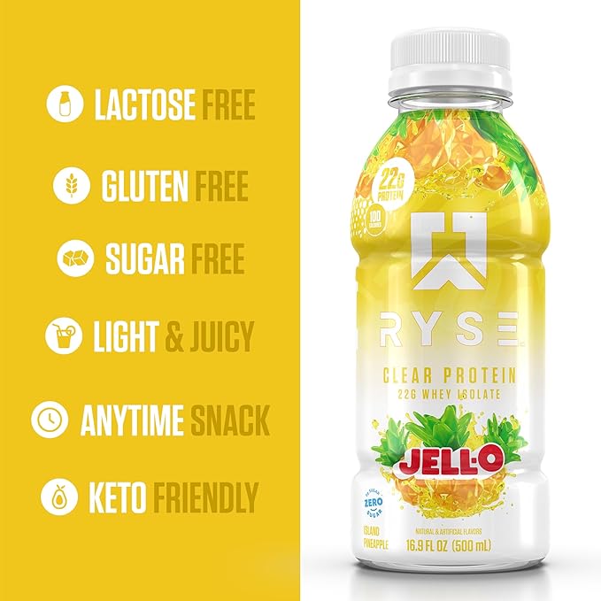 RYSE Clear Protein Shake - Jell-O Island Pineapple - 100 Calories, 22g Whey Isolate Protein, Sugar-Free, 0g Fat & Lactose-Free - Refreshing Ready-to-Drink Beverage - 16.9 fl oz Bottles (12-Pack)