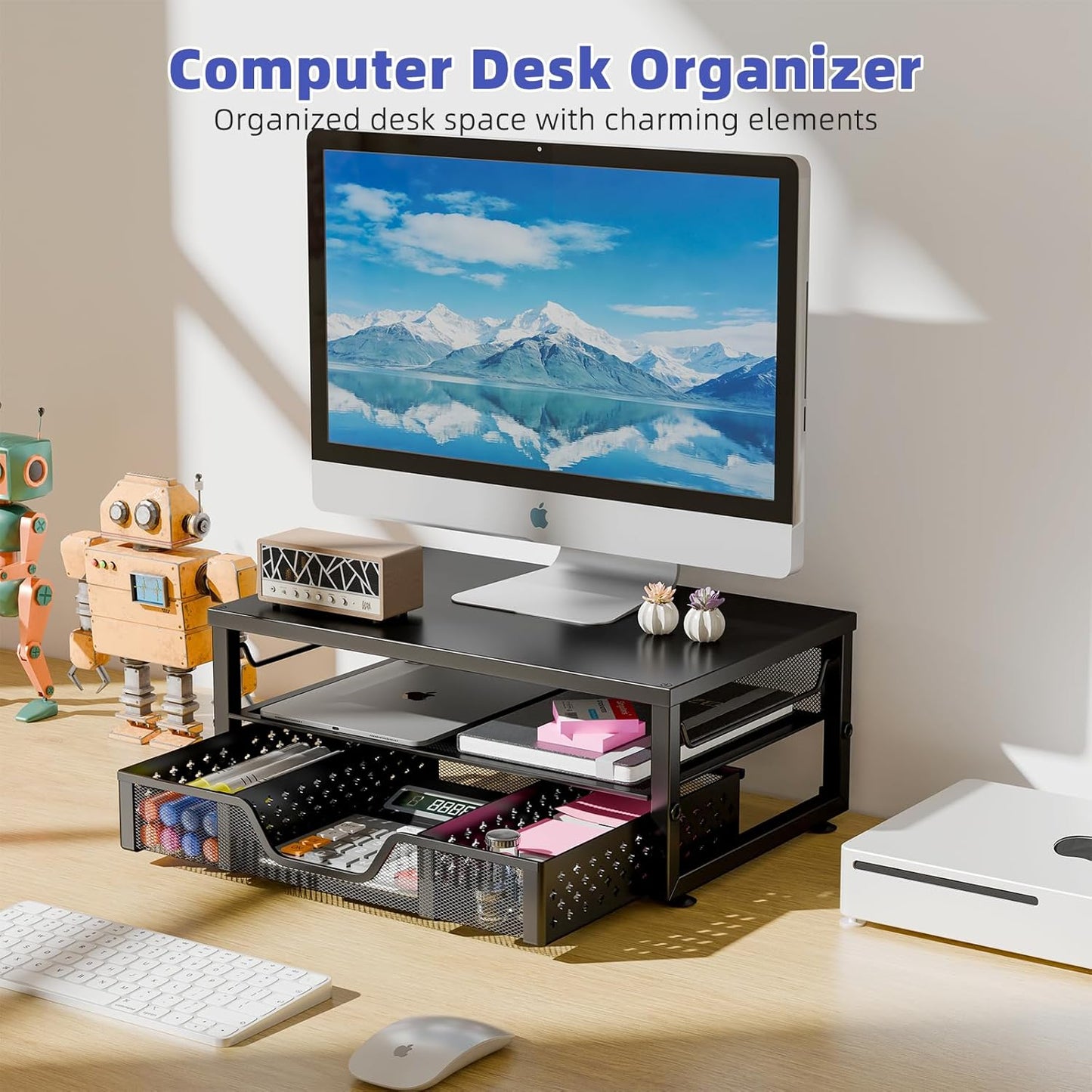 2-Tier Simple Trending Computer Monitor Stand Riser with Drawer, Desk Organizer for Home Office, Black