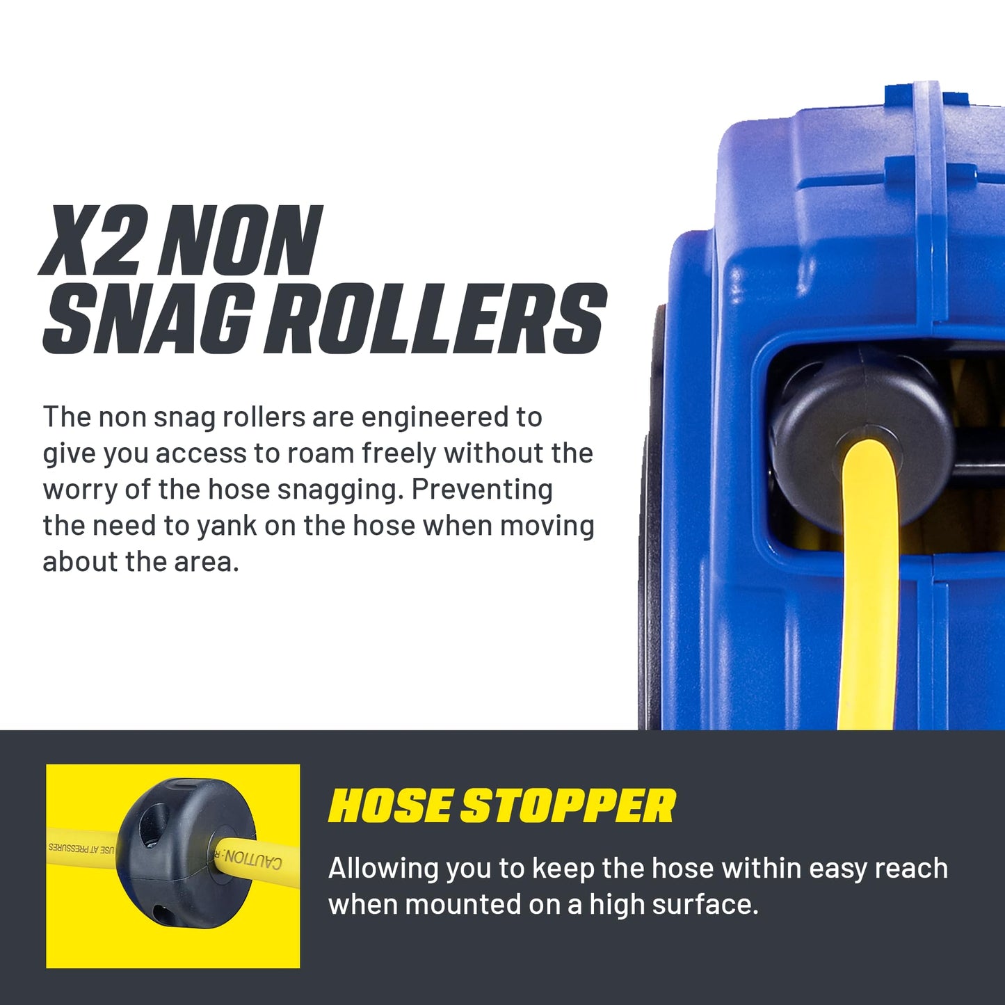 Goodyear Air Hose Reel Retractable 3/8" Inch x 65' Feet Premium Commercial Flex Hybrid Polymer Hose Max 300 Psi Heavy Duty Spring Driven Polypropylene Construction w/Lead-in Hose and PVC Handle