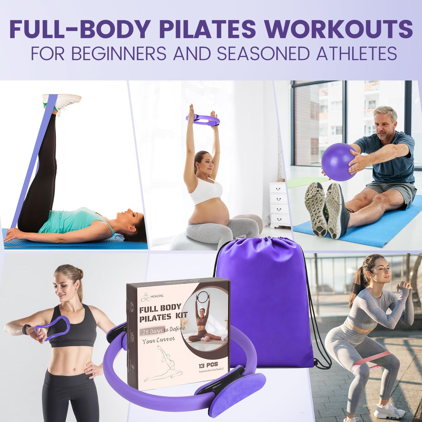 Pilates Kit for Women 13PCS, Pilates Ring and Ball Set with Magic Circle, Resistance Bands Set, Figure 8 Band, Yoga Ring & Grip Socks, Home Workout Equipment Essentials Starter Kit for Beginners