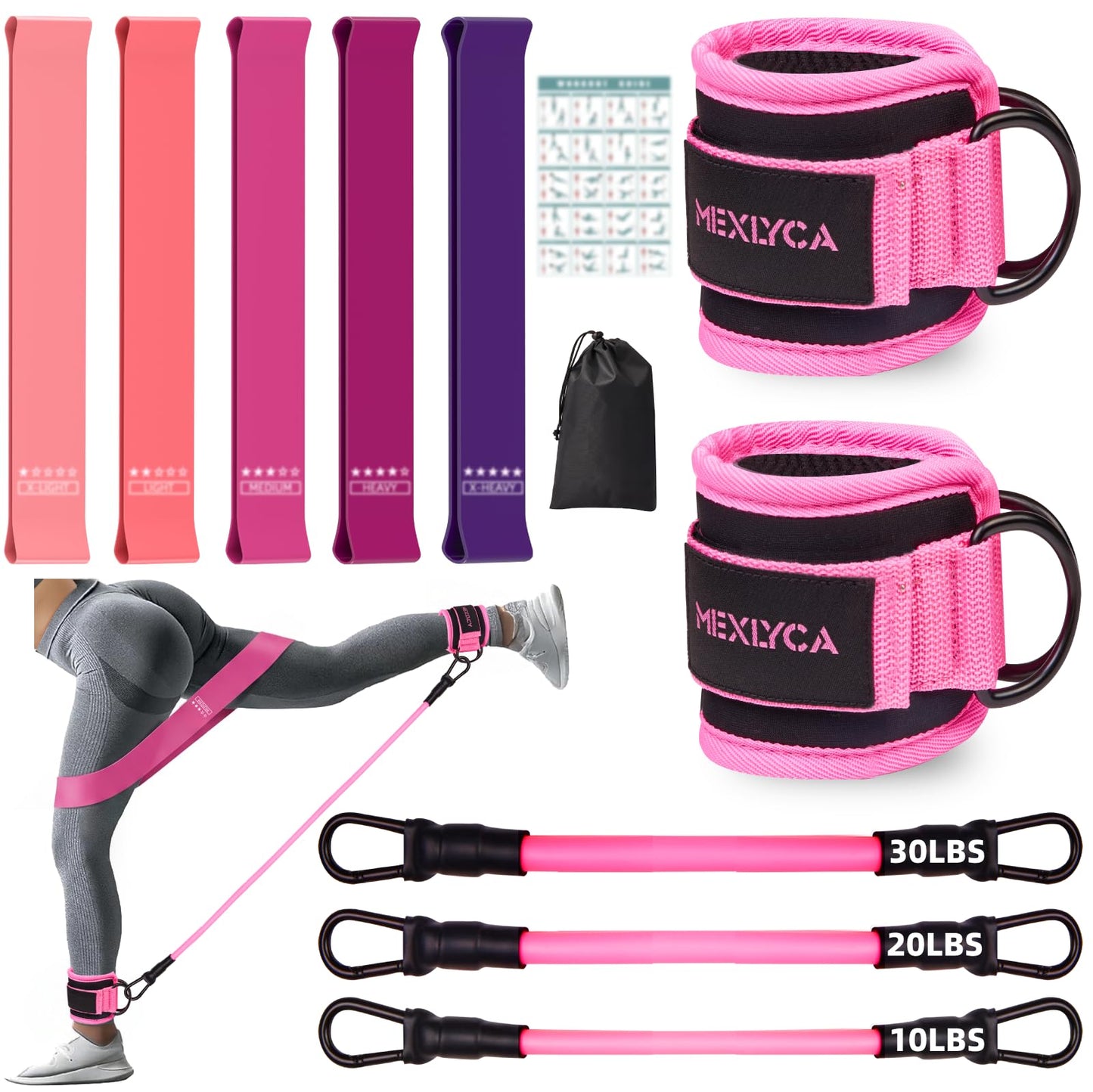Resistance Bands Set – Resistance Band and Adjustable Ankle Exercise Bands with Cuffs Great Equipment for Training, Working Out, Yoga,Home Gym with Training Guidance & Carry Bag,Set of 8 - Pink