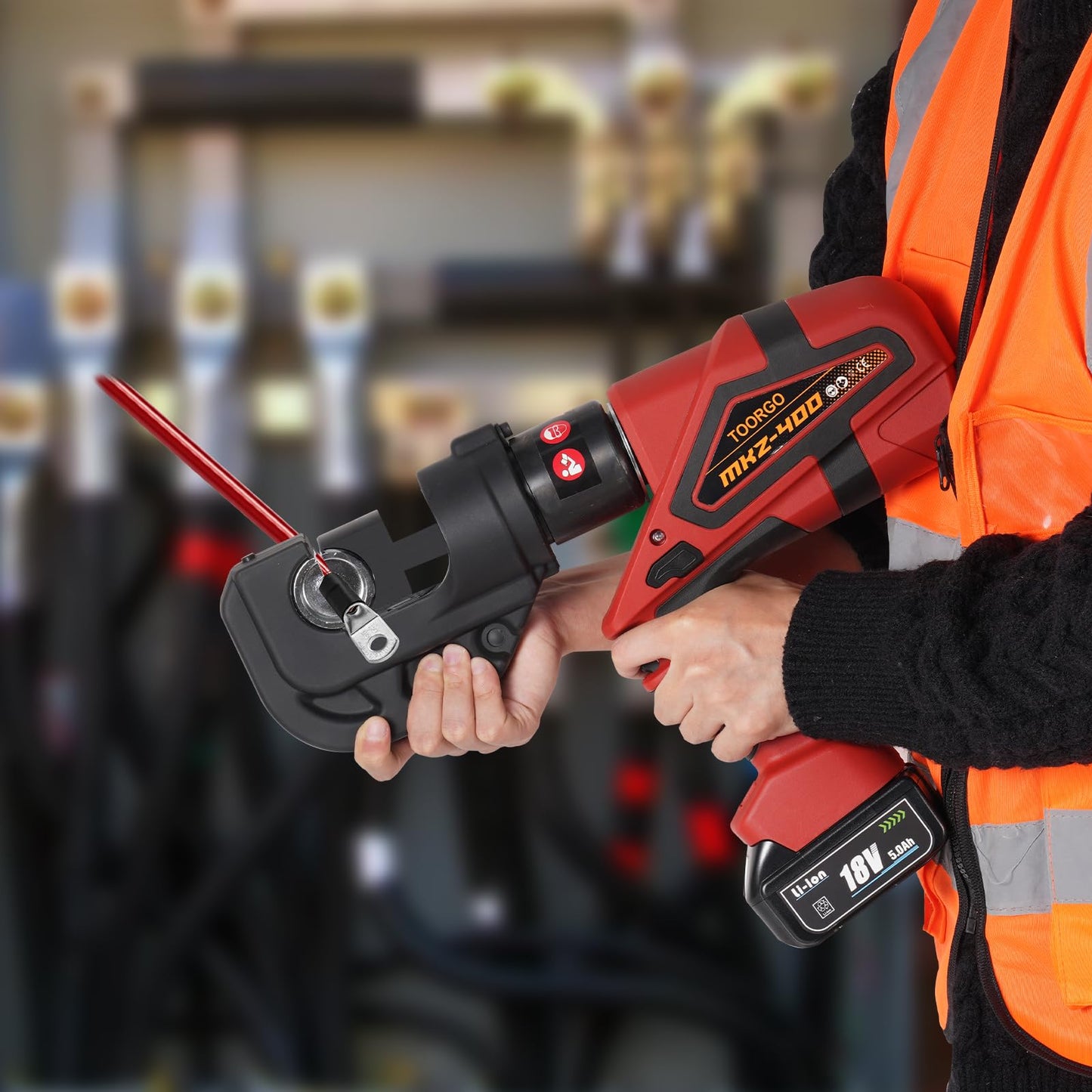 TOORGO Electric Crimping Tool,12 Ton 6AWG-800MCM Rechargeable Cable Crimper for Al/Cu Terminals, Wire Crimping Tool Kit with 13 Dies and Batteries,Red