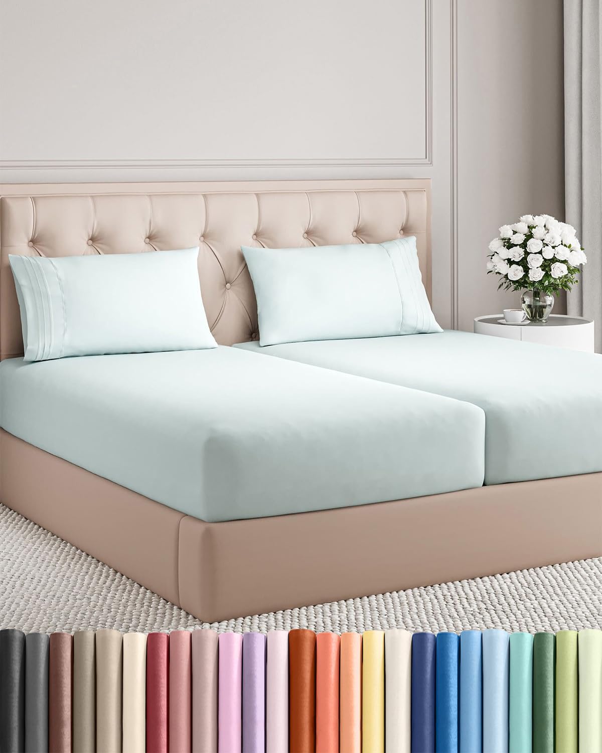 Split King Size 5-Piece Sheet Set - Comfy Cooling Bed Sheets | Luxury Hotel Quality - Deep Pockets, Soft & Wrinkle-Free - Oeko-Tex Certified - Ice Blue
