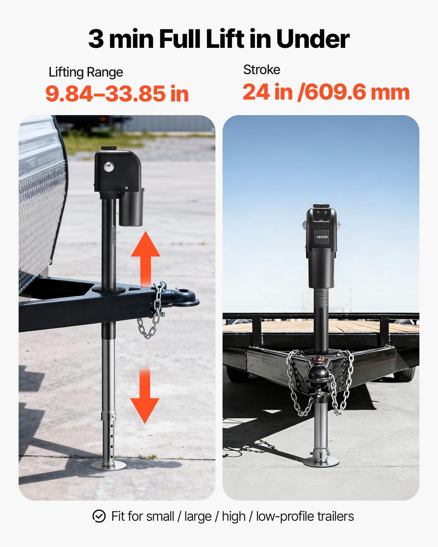 VEVOR Electric Trailer Jack, 7500 lbs Capacity, Electric Power Tongue Jack with Waterproof Protective Cover & LED Light for Travel Trailer, Camper, RV, 9.84-33.85 in Lift, 12V DC with Wiring, Black
