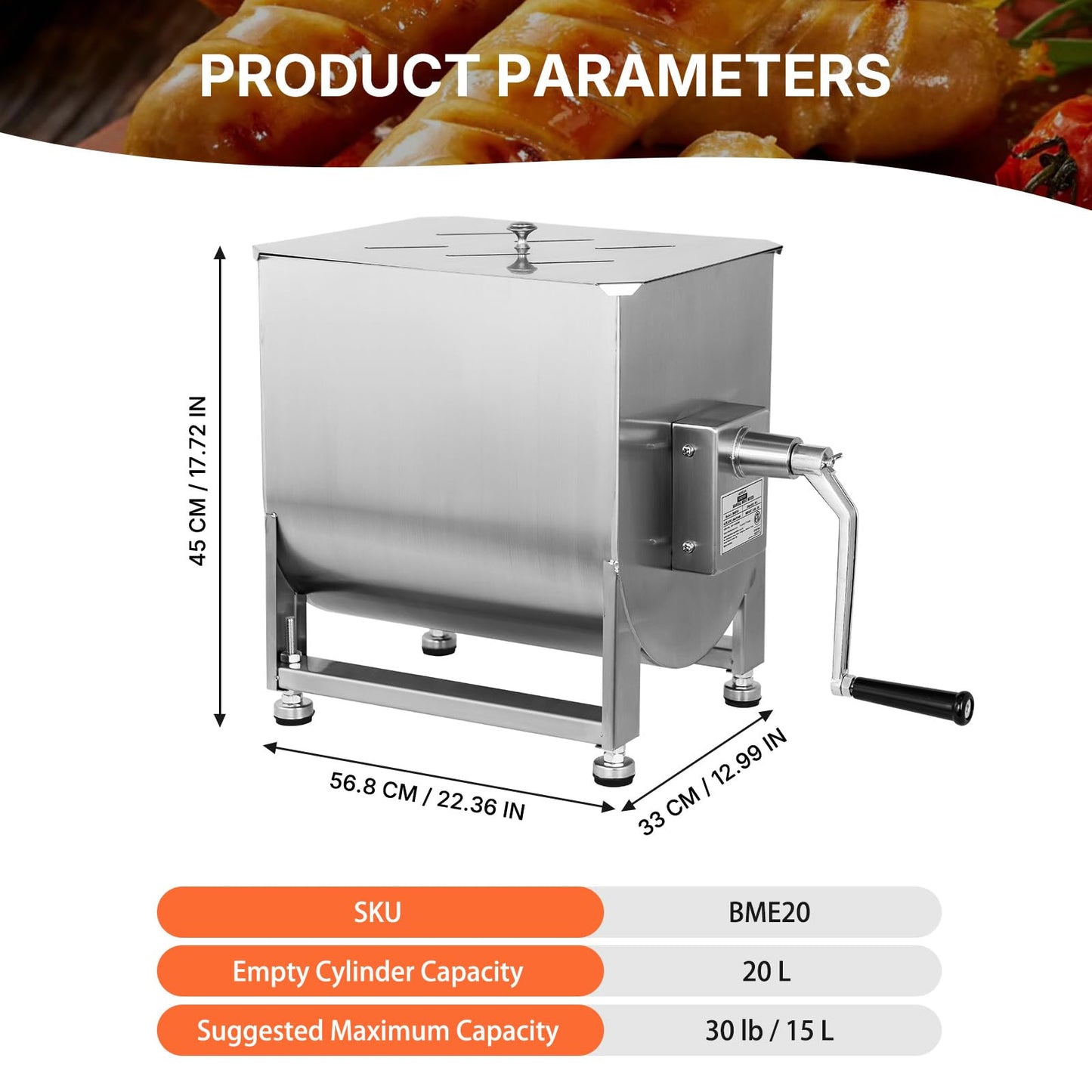 Hakka Manual Meat Mixer 30lb/15L, Fixed Tank 20L Stainless Steel Updated Commerial Food Mixer for Meat and Seasonings, Sausage, Burger, Patty
