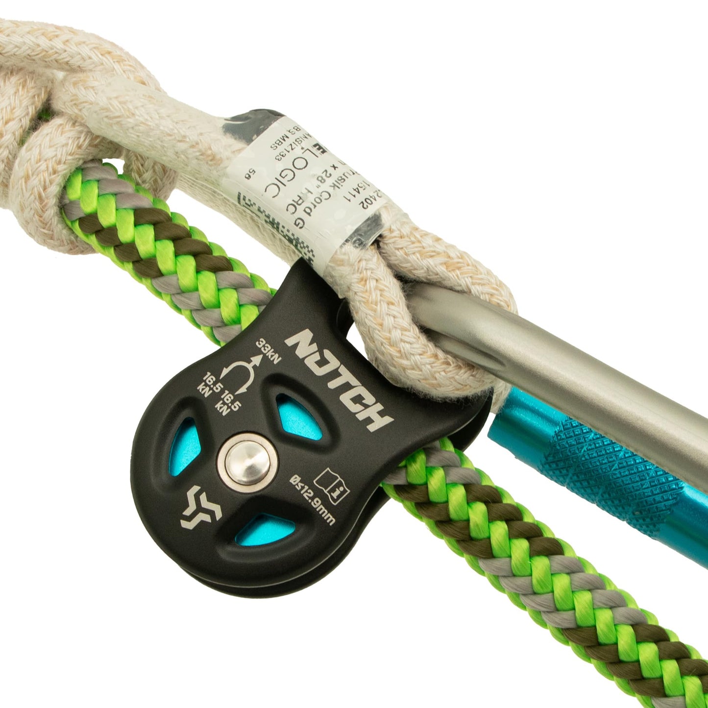 Notch Thirty-Three Micro Pulley with Massive Strength, MBS: 7,418 lbs. (33kN), Purpose-Built for Canopy Use, Mid-line Attachable with Swinging Side Plates, Use with Lines up to 1/2” (12.9mm) (100053)