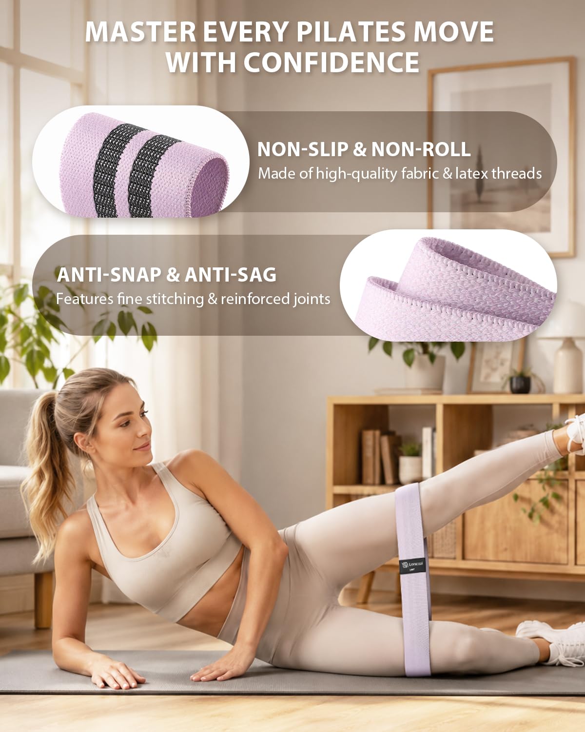 LIONSCOOL Pilates Ring Set (Purple) - 14" Anti-Deformation Magic Circle with Padded Handles, 9" Mini Ball, Non-Slip Fabric Resistance Bands, Guide & Bag