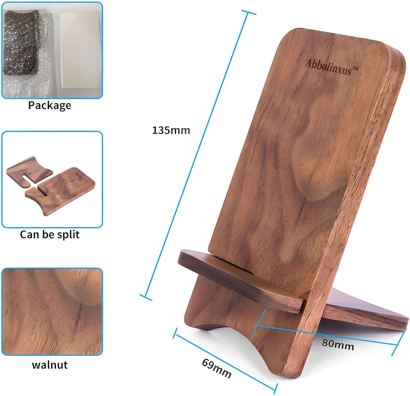 Abbolinxus Solid Wood Phone Stand, Desktop Wooden Phone Stand, Simple Phone Holder, Compatible with All Phones (Walnut