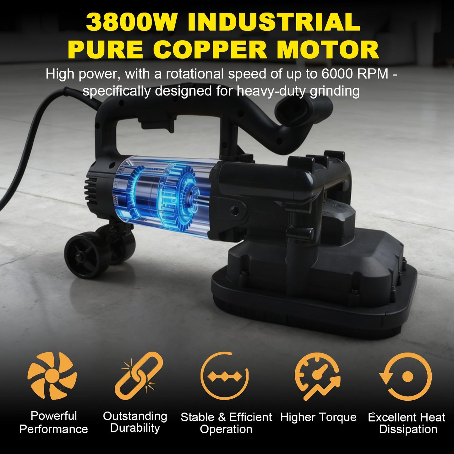 PeiXWming 4-Head Concrete Grinder Set with Long Handle, 4" Concrete Floor Grinder 3800W 0-6000RPM Concrete Surface Planer Dust Extraction Shroud Auxiliary Wheels for Grinding Concrete Cement Marble