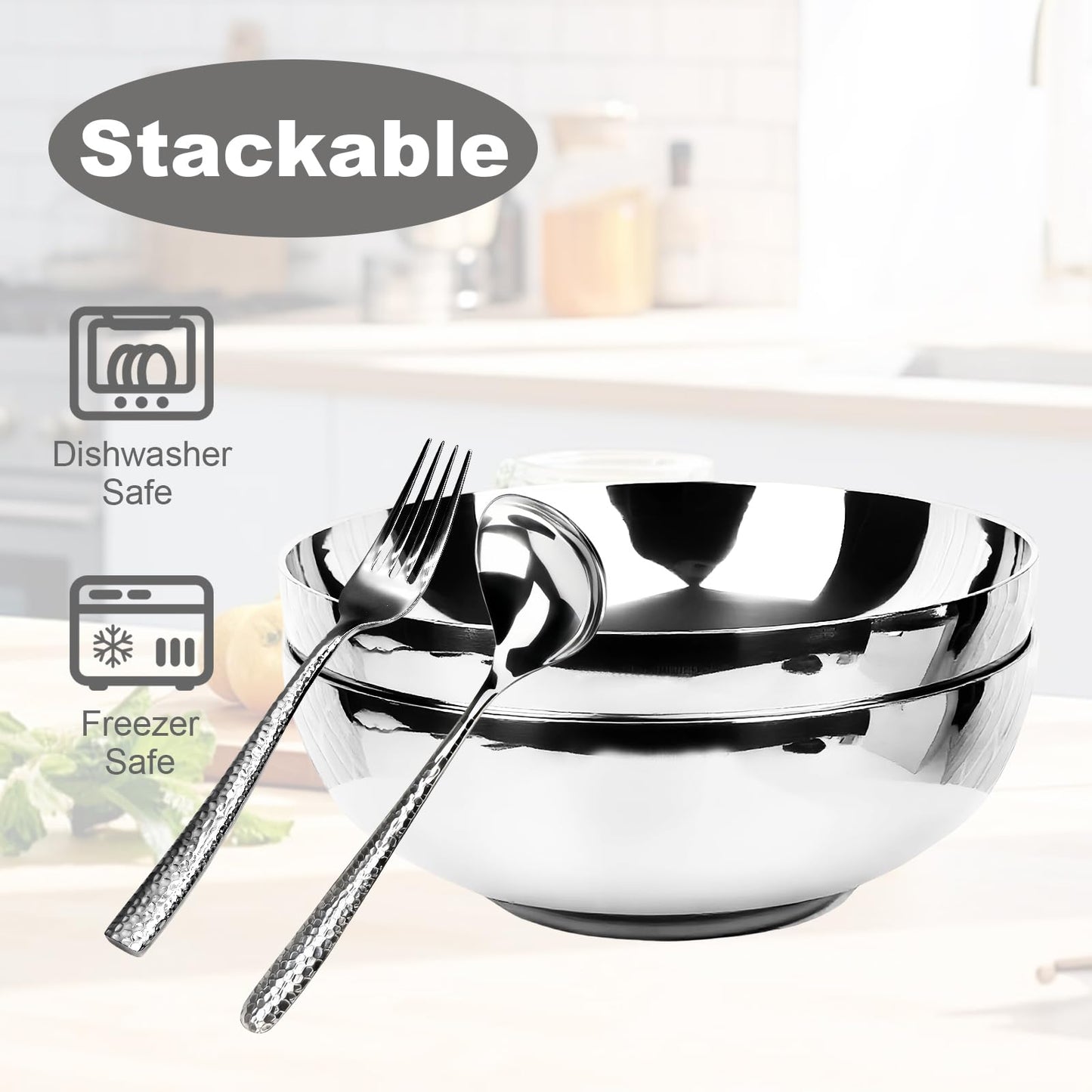 LANGMINGDE 6-Piece 304 Stainless Steel Pasta Bowl Set, 47 Fl Oz (8.7 Inches), Double-Layer Insulated And Heat-Resistant, Salad Bowl, Chilled Bowl, Ice Cream Bowl, Party Sauce Seasoning, Dining Bowl.