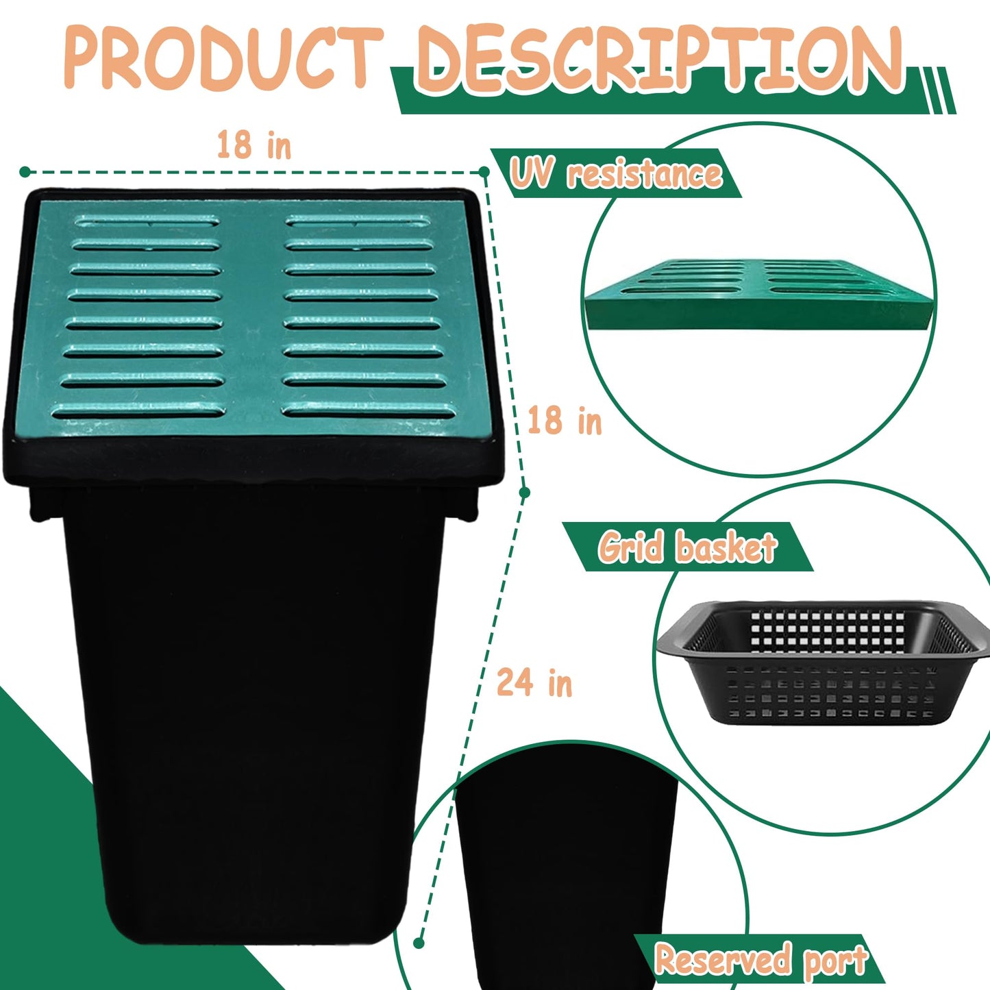 18x18x24 in Large Catch Basin for Drainage with Debris Basket,Catch Basin with Fiber Glass Grate,French Drain Catch Basin Without pre drilled Holes are Suitable for courtyards, downspouts, lawns