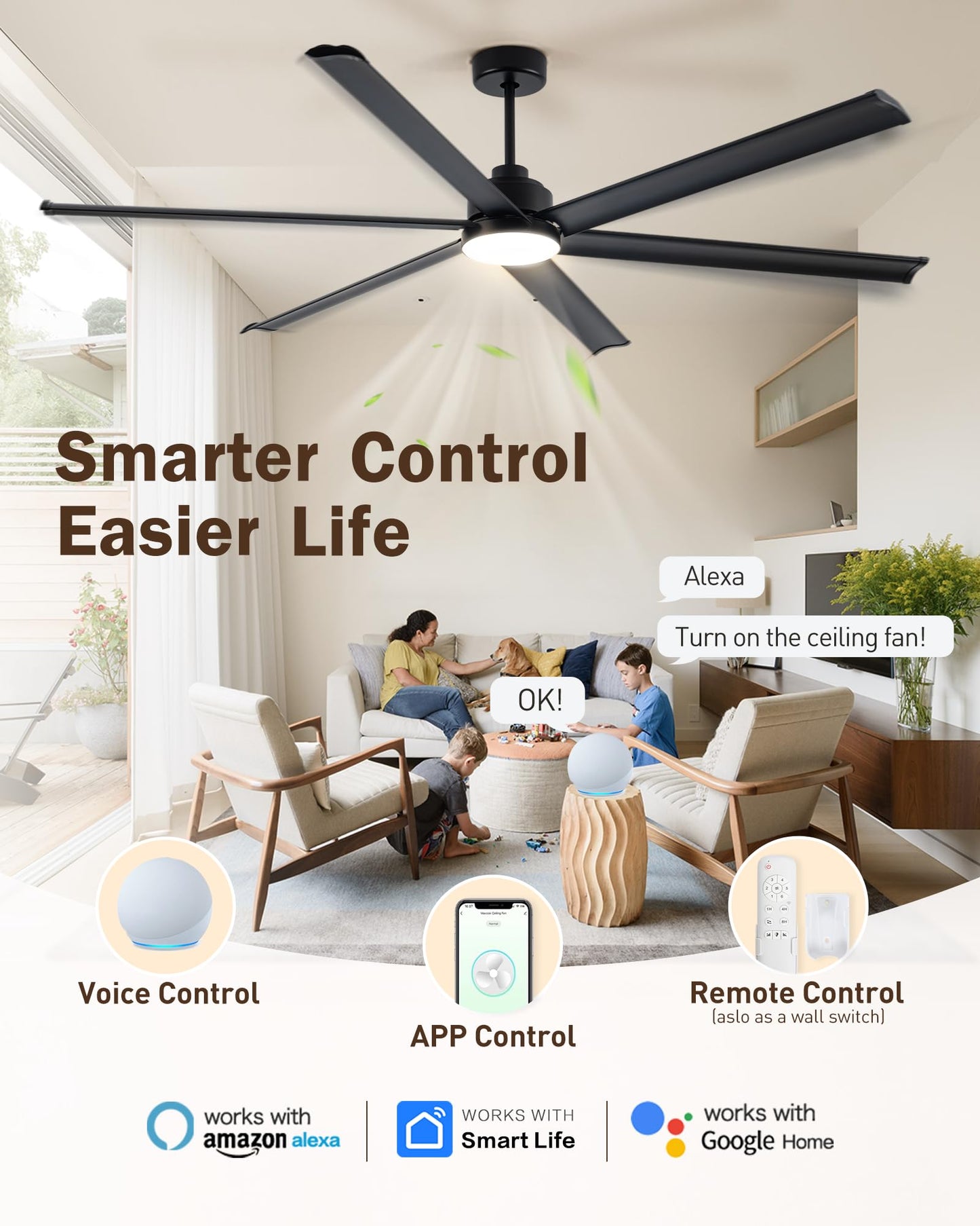 Minislak 84" Smart Alexa Industrial Ceiling Fans with Light,6 Dual-Layer Aluminum Blades,Large Black Ceiling Fan with 6 Speed Noiseless DC Motor,Indoor/Outdoor Ceiling Fan for Patio
