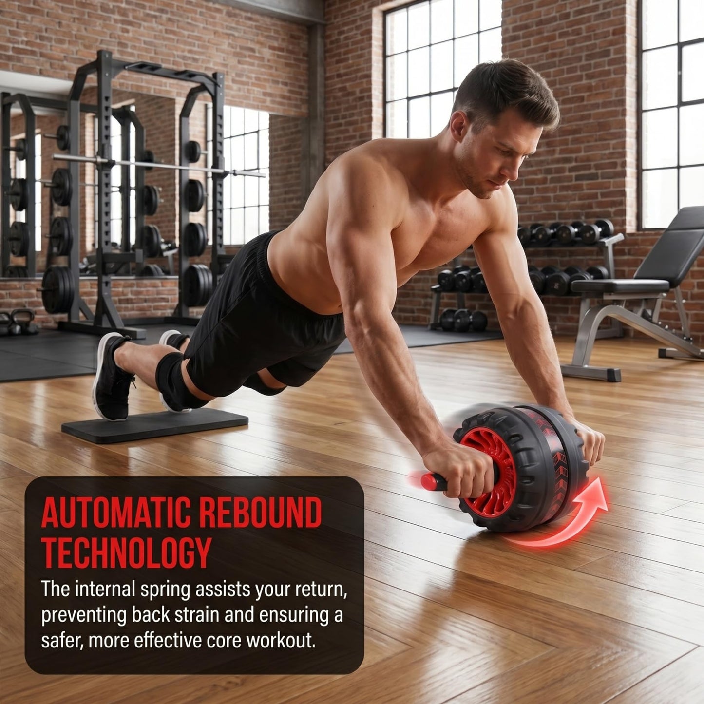 Automatic Rebound Ab Roller Wheel, Strength Training Abdominal Exercise Roller with Black Knee Pad for Home Gym Workout