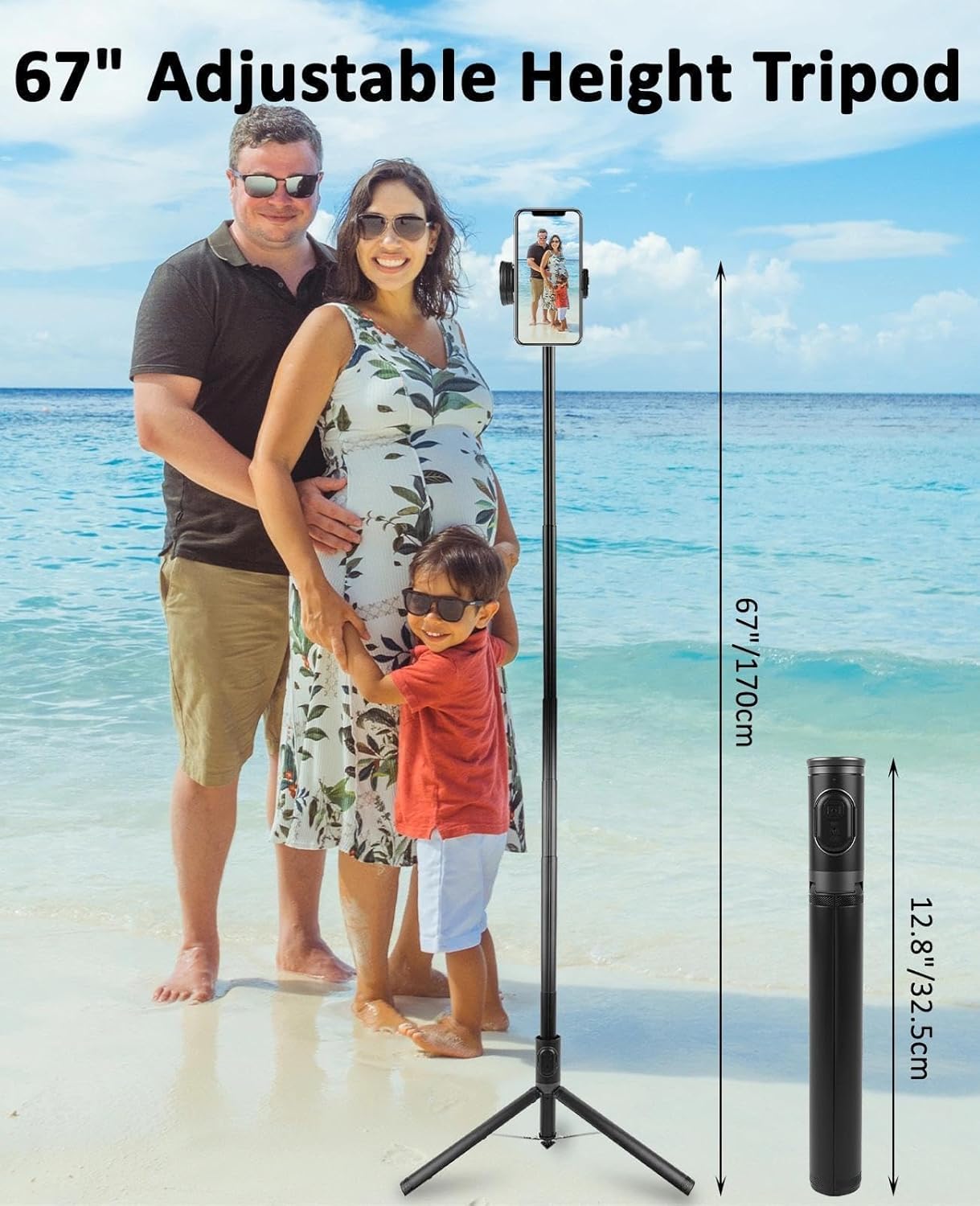WOVTE 67" Automatic Phone Tripod, Auto-Open Selfie Stick Tripod with Wireless Remote, Portable Travel Phone Stand