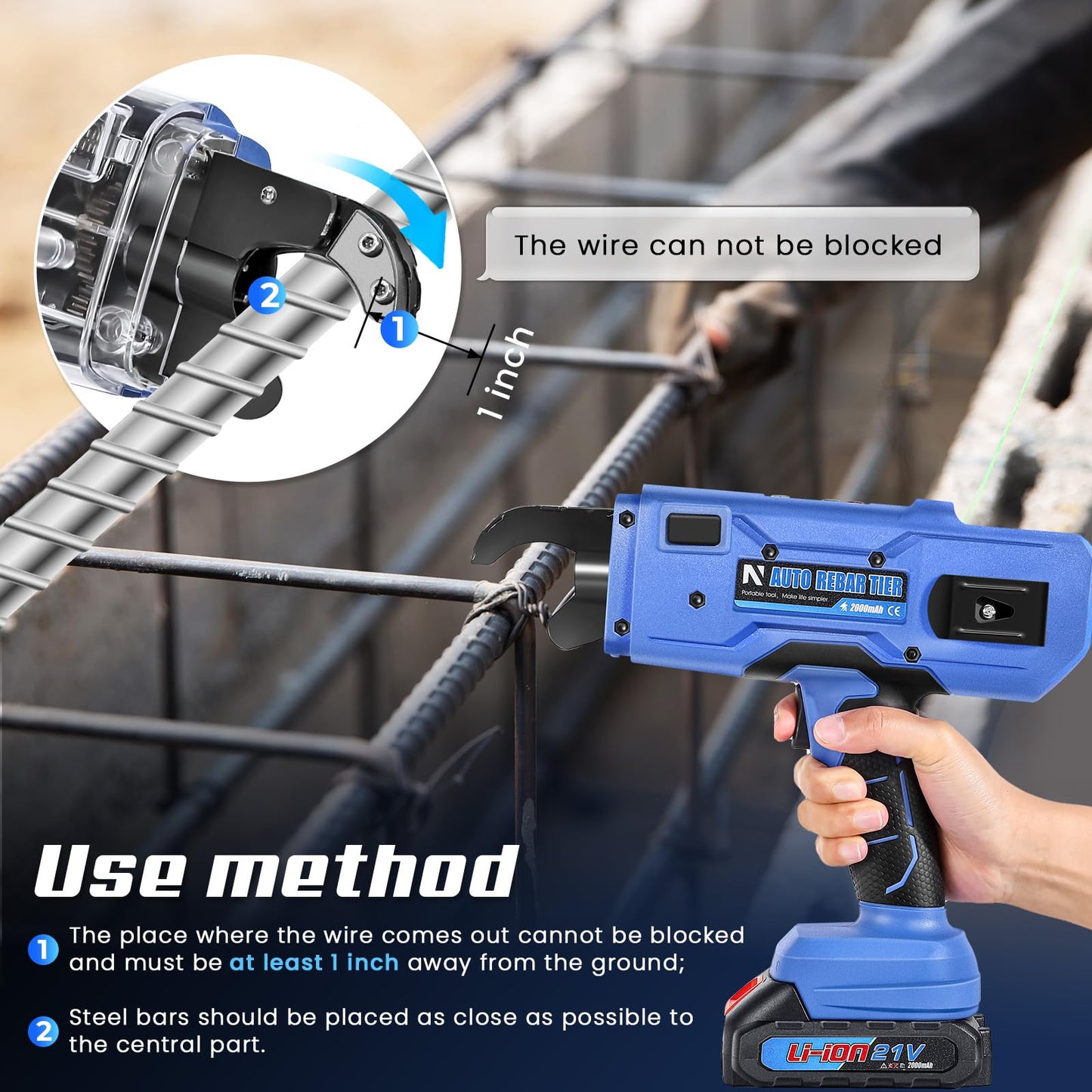 NEWTRY Professional Cordless Rebar Tie Gun, Automatic Rebar Tying Tool with 2pcs 2000mAh Batteries & 360ft Coil, for 0.3"-1.33" Steel Rebar, 21V Battery Powered