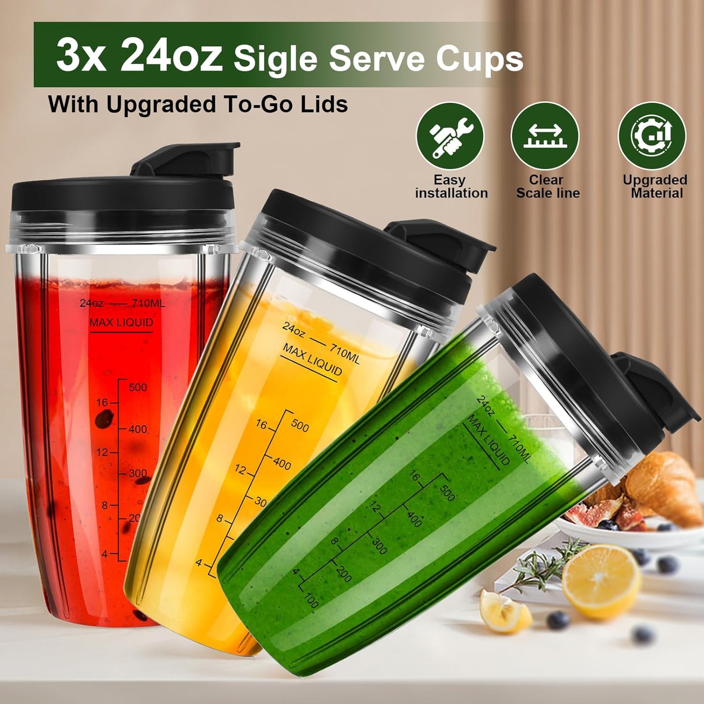 Ninja Blender Cups - 24oz Replacement Cups with To-Go Lids | Compatible with BN401, BL450, BL456 & More (3 Pack)