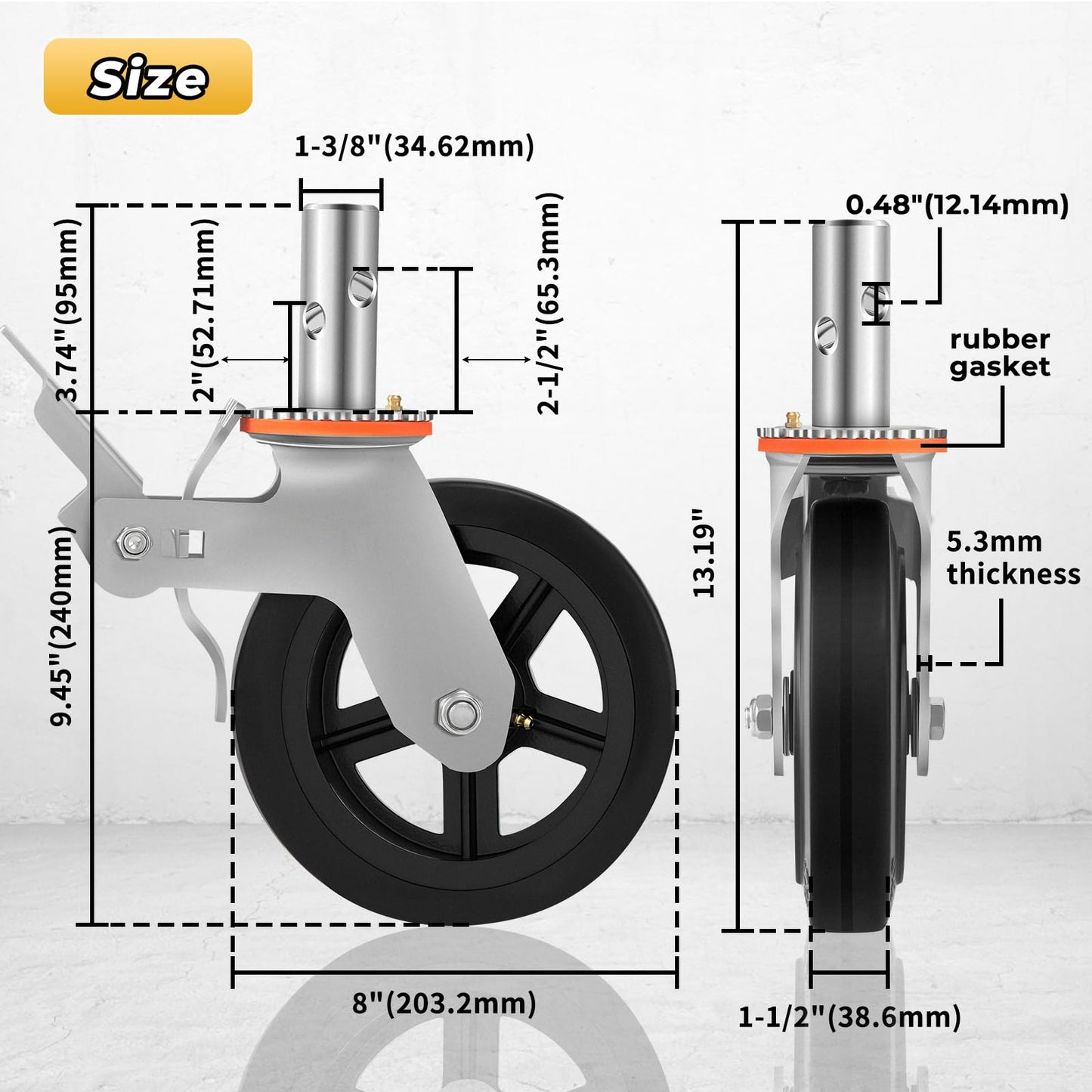 Besitu 8 inches Scaffolding Wheels 1-3/8" Solid Round Stem Caster with Dual Locking Brakes 1100LBS Capacity Per Wheel Commercial Scaffolding Accessories