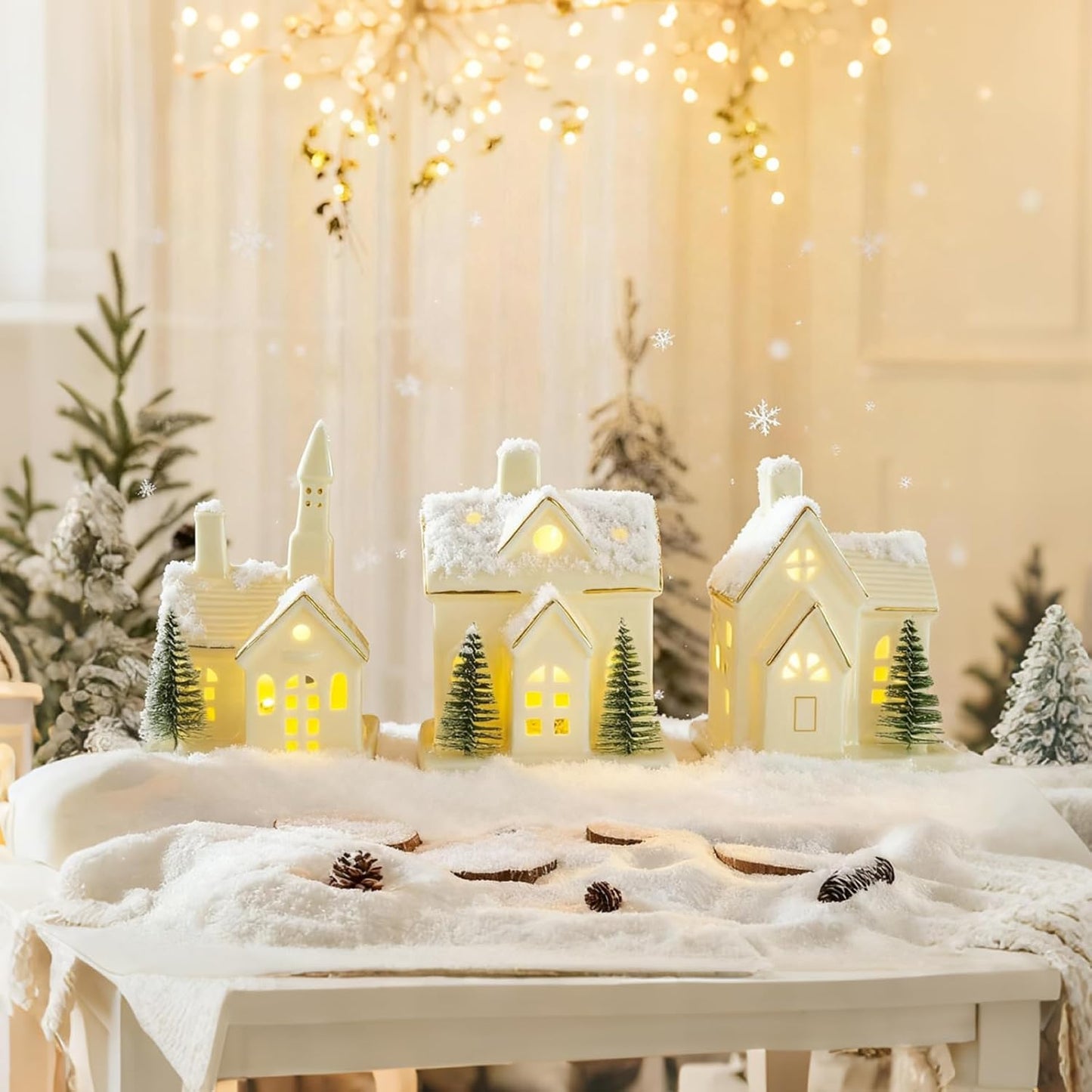 Skiennix White Ceramic Christmas Village Houses Set - 3 Light-Up Figurines with 4 Trees for Holiday Decor