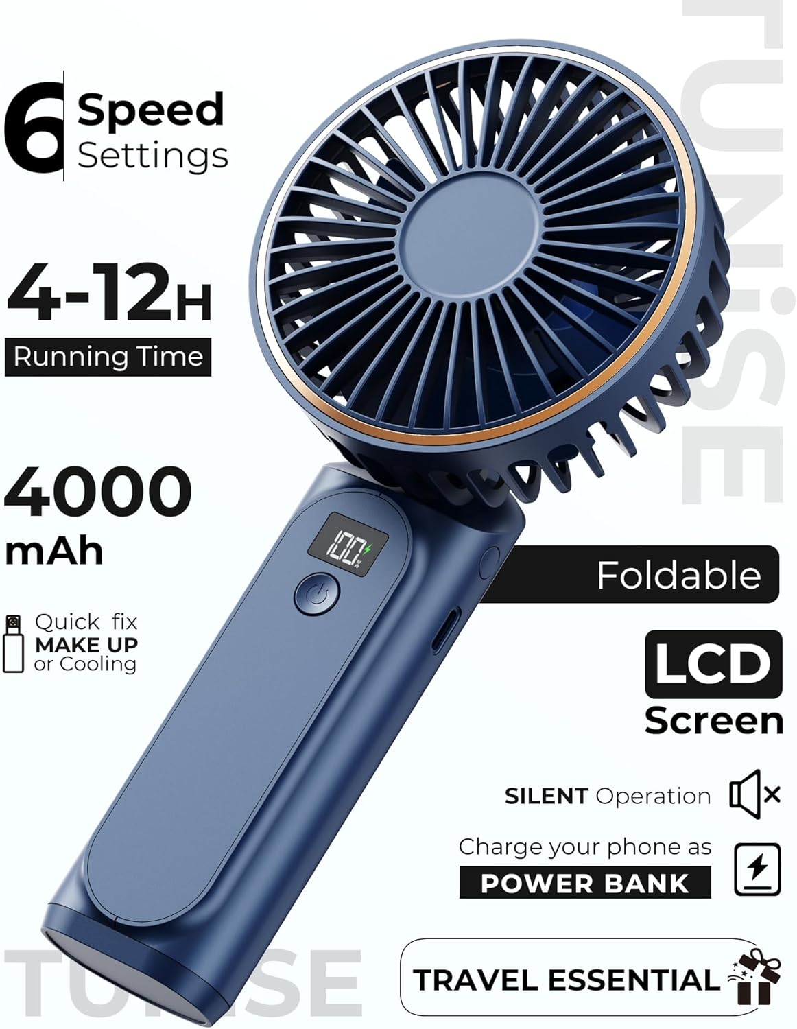 TUNISE Portable Handheld Fan - Rechargeable 4000mAh Battery, 180° Adjustable, 6 Speeds, Quiet Design