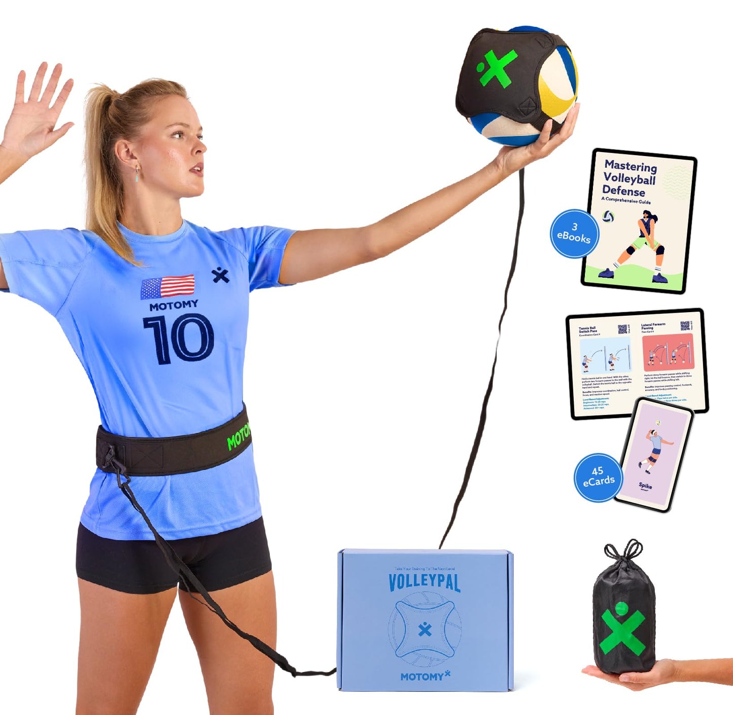 MOTOMY™ Volleyball Training Equipment Aid ‘VolleyPal’ – Solo Rebounder Trainer for Serve, Spike, Set & Pass; Indoor and Outdoor Volleyball Practice Equipment Gear, Volleyball Gifts for Teen Girls