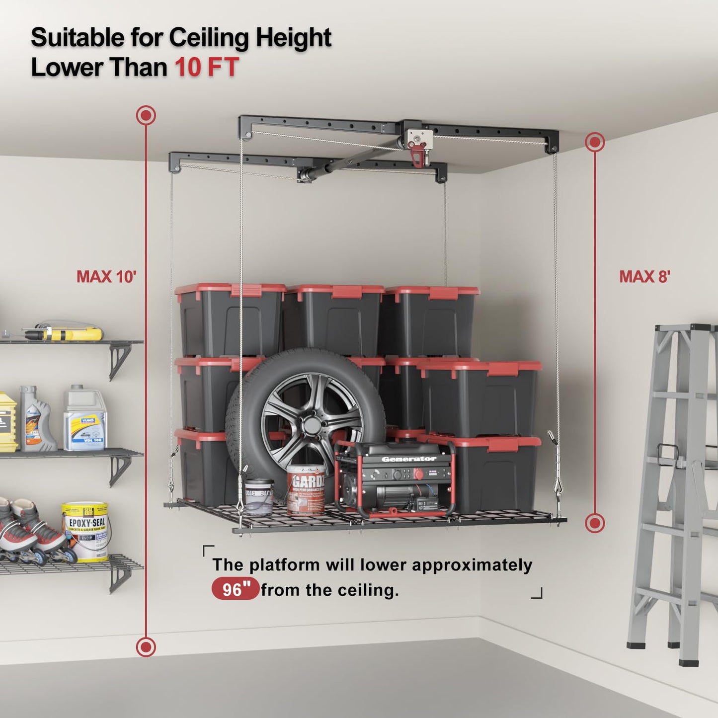 Overhead Garage Storage Rack for 8-10 FT Ceiling, 4x4 FT Ceiling Storage Racks with Safety Lock, Ideal for Garage Storage Mounted Lift System and Storage Organizer, 250lbs Capacity
