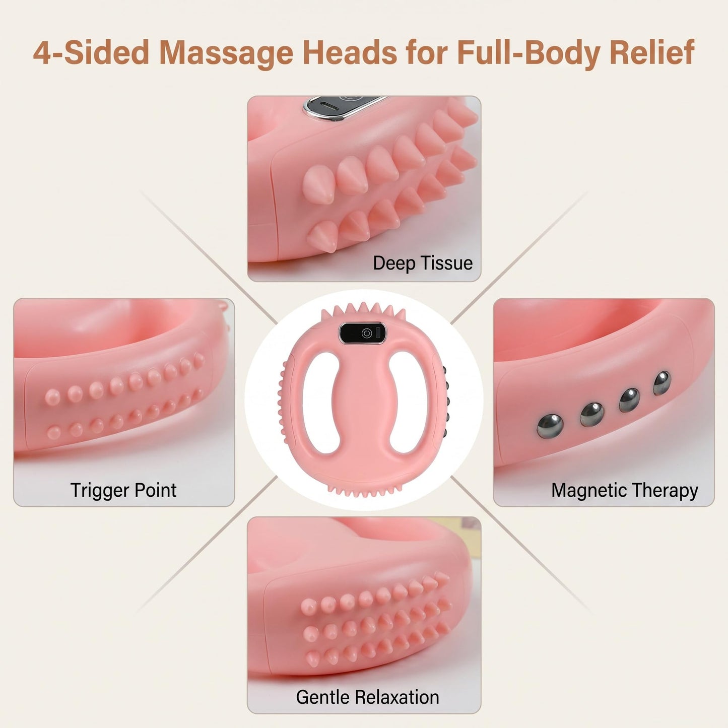 FUOOO 4-Head Fascia Ring Massager, Multifunctional Full-Body Deep Tissue Massage Gun, Hands-Free Ergonomic Electric Massager with Waist Belt, 3 Modes 9 Intensities Cordless Muscle Relief