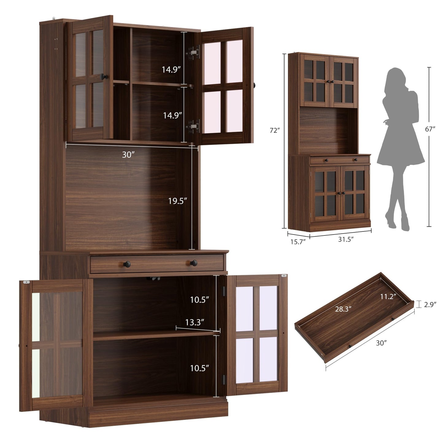 Garvee 72 Inch Kitchen Pantry Cabinet with Glass Doors, Drawer and Adjustable Shelves, Farmhouse Tall Storage Cabinet with Open Countertop, Coffee Bar Cabinet for Coffee Corner, Walnut