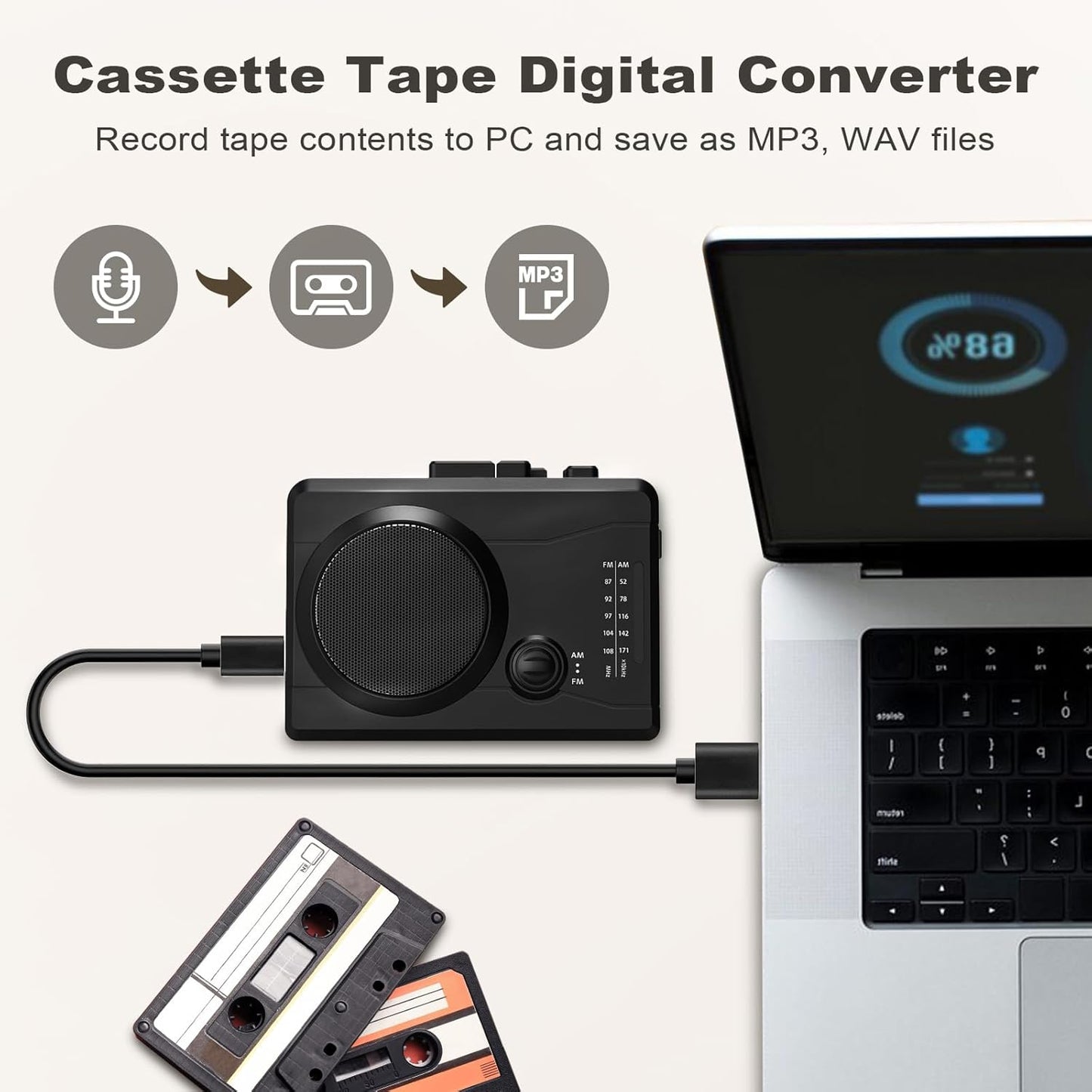 Cassette Cassette MP3 Portable Player & Recorder, Tape to Digital Converter, AM/FM Radio Station, Reverse Recording