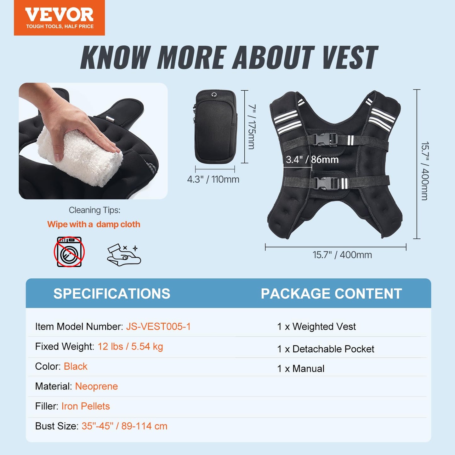 VEVOR Weighted Vest, 12 lbs Weight Vest with Reflective Stripe, Adjustable Buckle Body Weight Vest for Men Women, Workout Equipment for Strength Training, Running, Jogging, Fitness, and Weight Loss