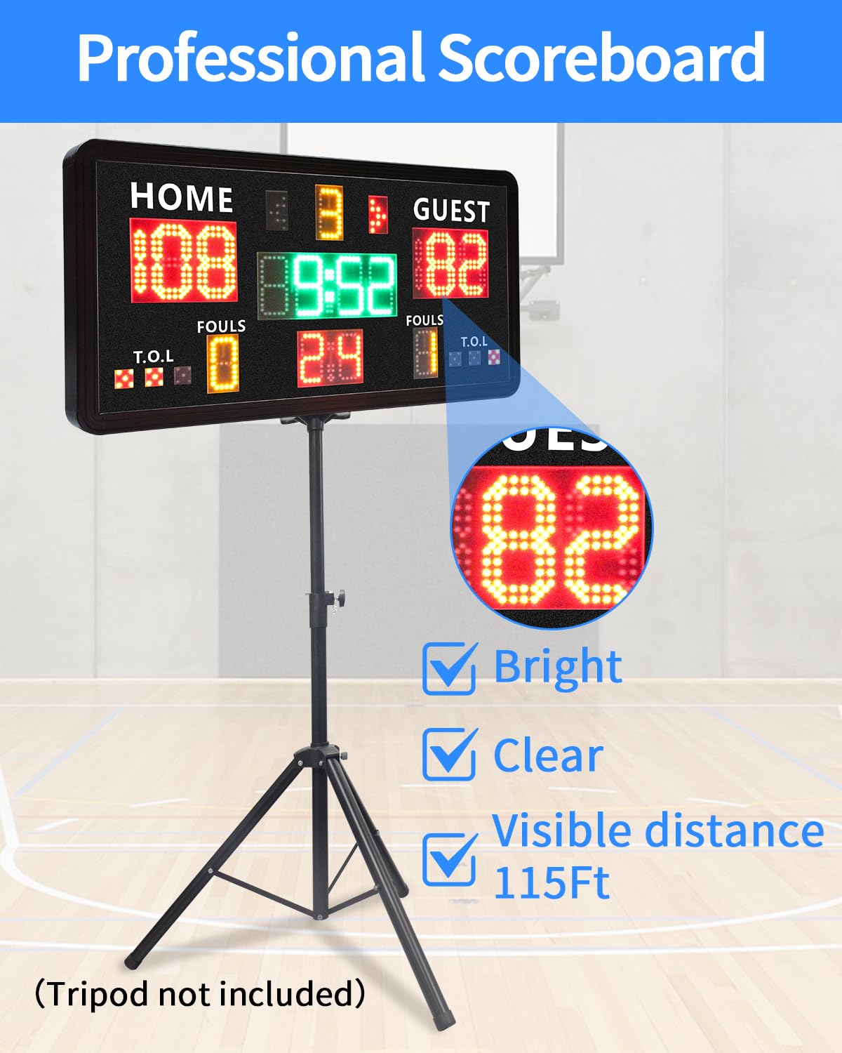 GAN XIN Large Electronic Scoreboard with Panel Control,Wall-Mounted Digital Scoreboard & Timer,Basketball Shot Clock 14/24 Second & Custom Time,Score Keeper with LED Display, 110dB Loud Buzzer