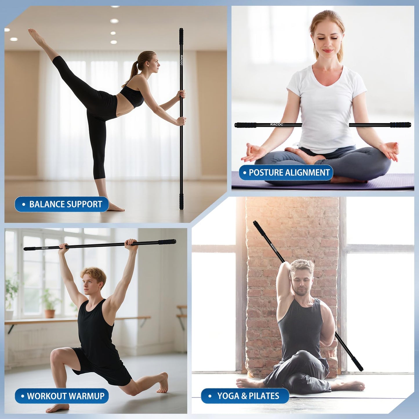 Yoga Stick 5 ft, Sturdy Steel Adjustable Stretching Stick for Mobility, Balance and Flexibility, Versatile Exercise Stick with Non-Slip Ends and Foam Handles for Fitness, and Posture Correction