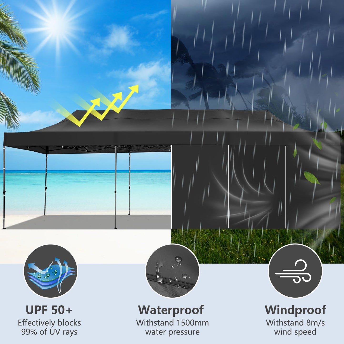 COBIZI 10x30 Heavy Duty Pop Up Canopy Tent with 8 Sidewalls Thicken Frame, Commercial Easy Up Outdoor Wedding Party Tents, All Season Waterproof Windproof with Stakes Sandbags Ropes Roller Bag, Black