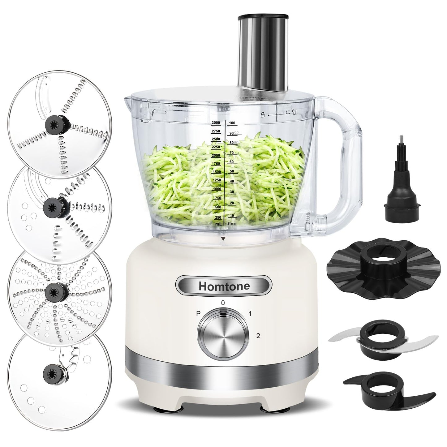 Homtone 16 Cup Food Processor Large, 9-in-1 Vegetable Chopper with 7 Blades for Shredding, Slicing, French Fry Cutting, Meat Grinding, Dough Kneading & Emulsifying, 3 Speeds, Dishwasher Safe, White