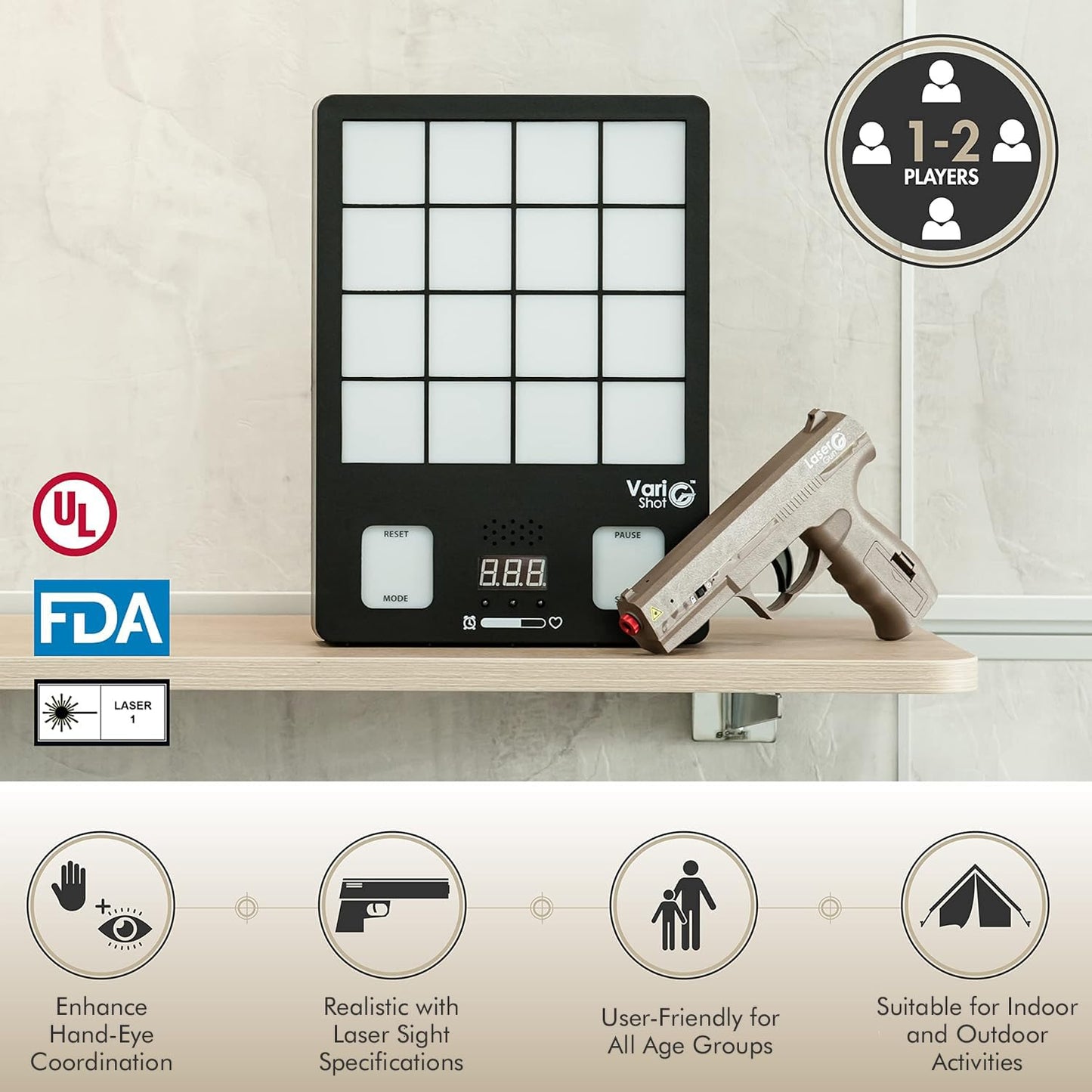 GoShot Laser Training System for Home Practice, Interactive Training Target with Laser Hit Detection & Timed Modes for Engaging Practice, Includes 2 Pistols, Class I Output <0.396mW